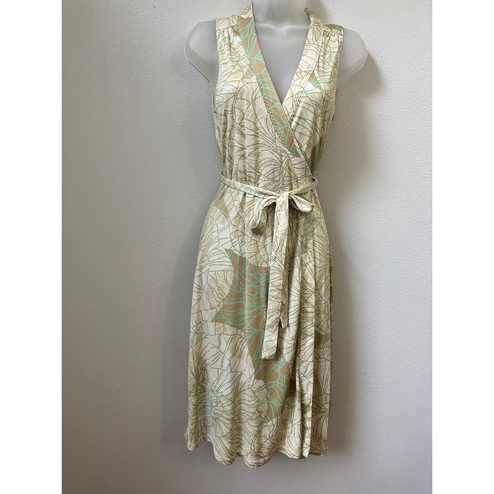 Elie Tahari Womens Sleeveless Wrap Dress Sage Green Tan Leaf Print Midi V-Neck